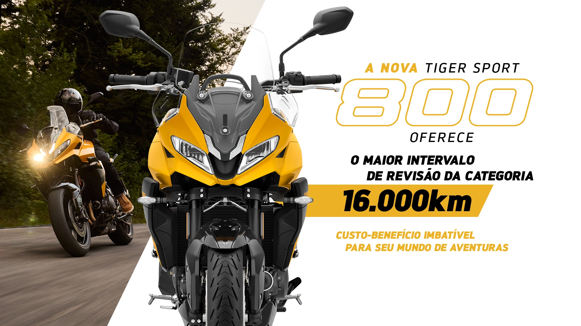 A nova Tiger Sport tem o maior intervalo de revisão da categoria: 16.000 km. Desempenho e custo-benefício imbatíveis!