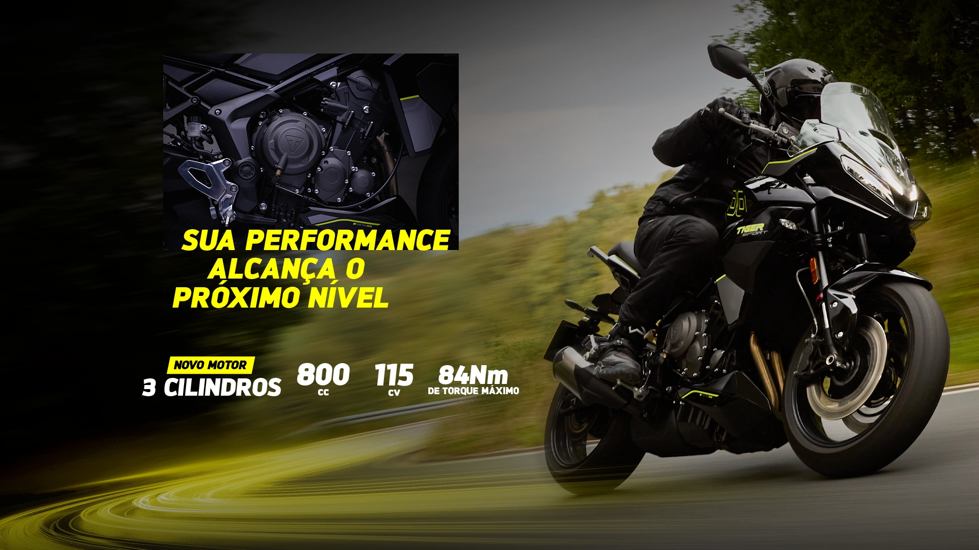 A sua performance atinge um novo nível com o motor tricilíndrico de 800 cc da Triumph. 115 cv de potência e 84 Nm de torque máximo. Compre na pré-venda!