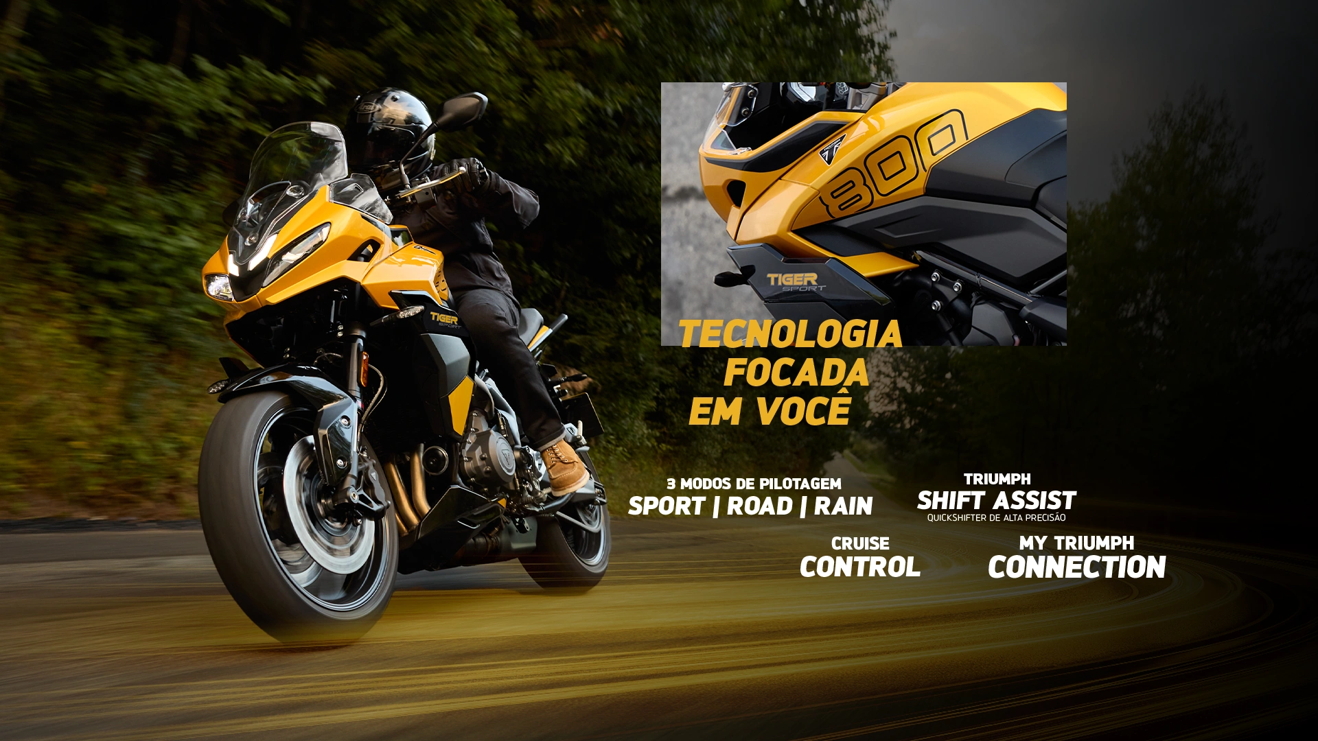 Tecnologia focada no piloto: 3 modos de pilotagem (Sport, Road e Rain), Cruise Control, My Triumph Connection e quickshifter de alta precisão Triumph Shift Assist.